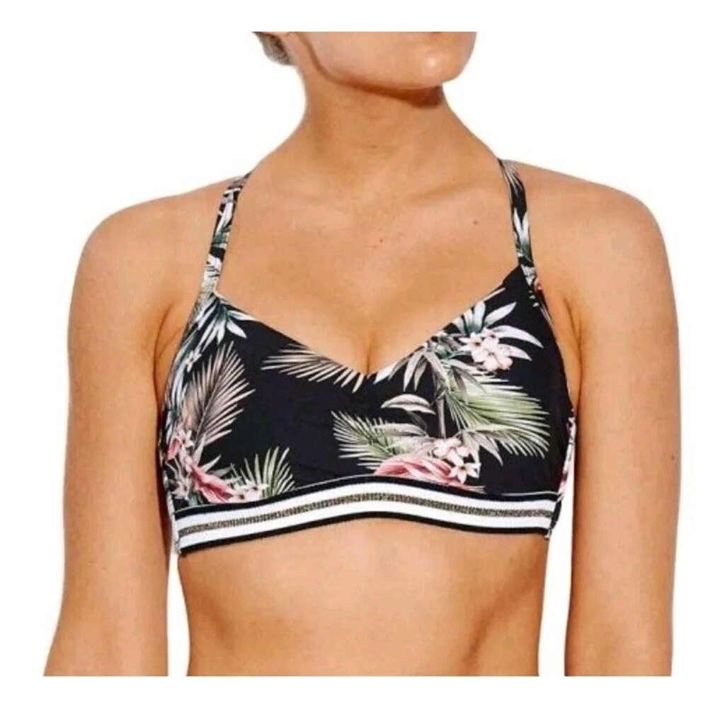 Seafolly Ocean Alley Cross High Neck Bralettr Bikini Top Black NWT Women's 12